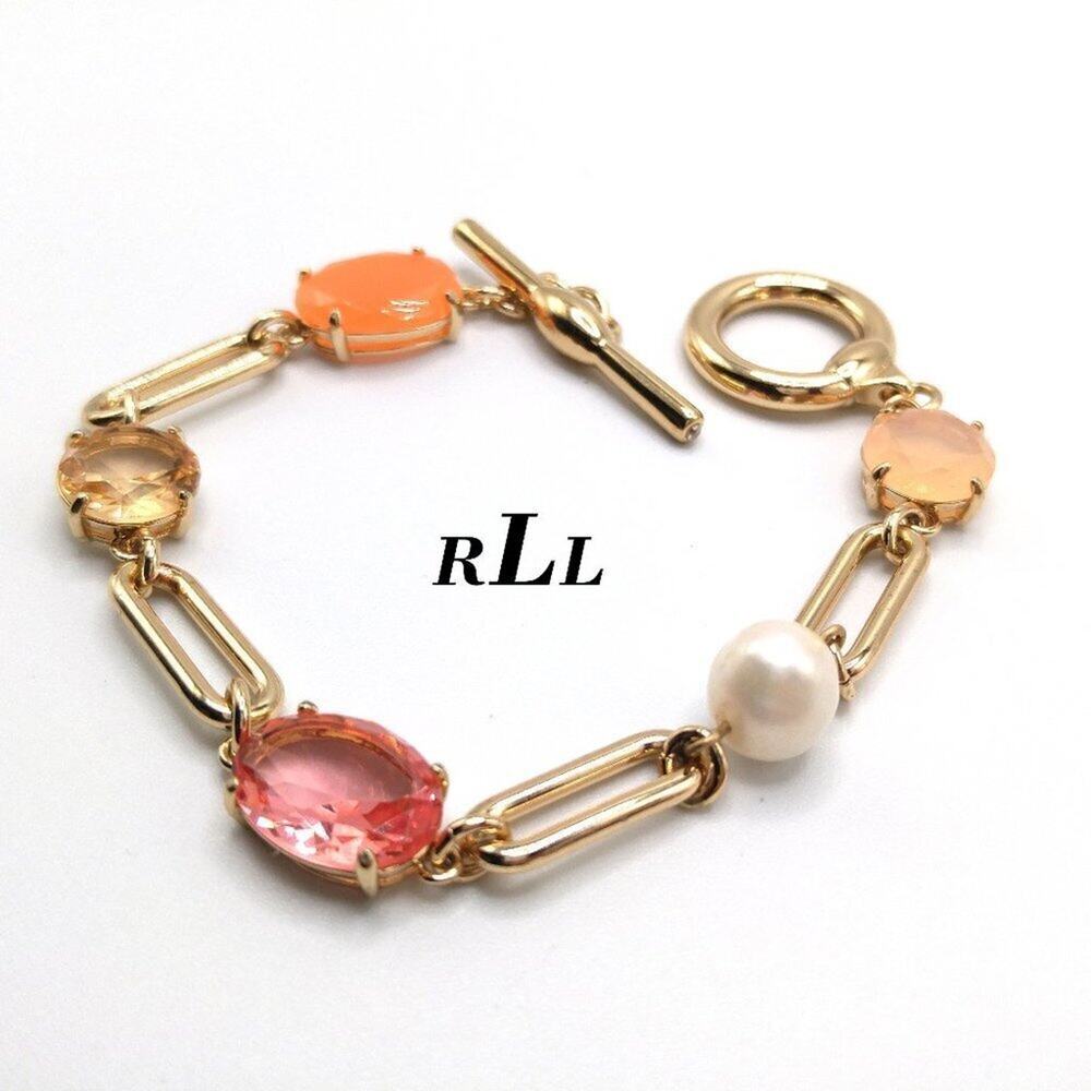Lauren Ralph Lauren RLL Bracelet Pearl Stone Gold Tone Toggle 7.5 Inch